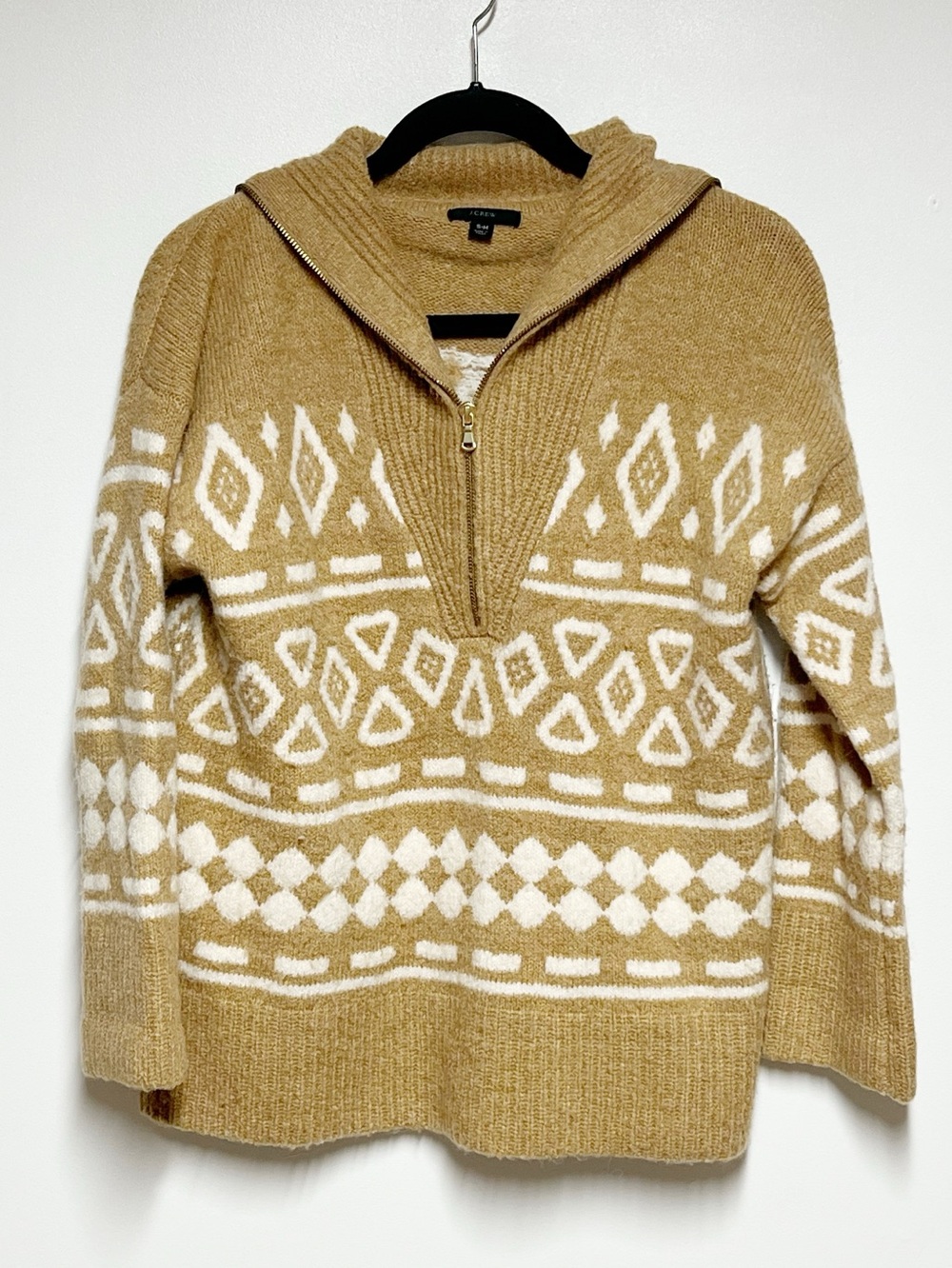 J Crew wool/ alpaca blend Womens Beige Half Zip in Geometric Knit sweater Sz M